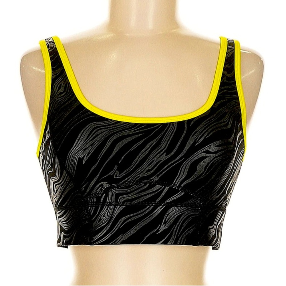 Fabletics Neon Yellow and Black/Silver Marble Swirl Scoop Neck Sports Bra (Sz M)
